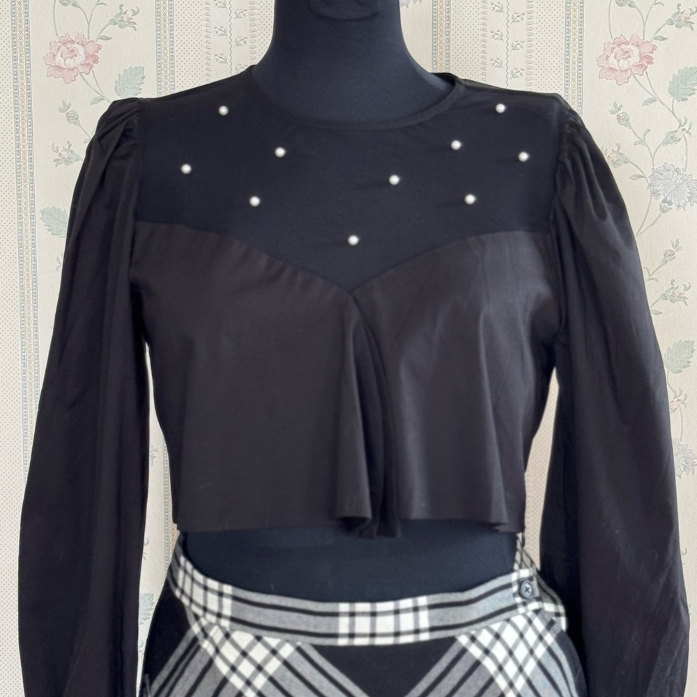 Black Puff Sleeve Crop Blouse with Pearl Embellishments
